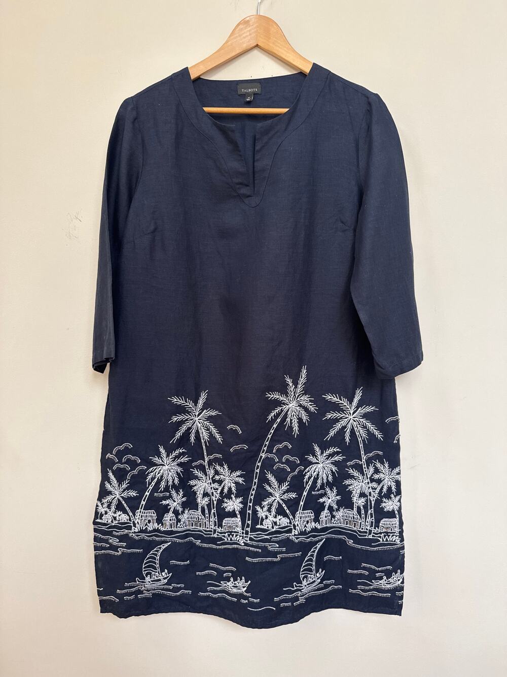 Talbots  Linen Navy & White Embroidered & Beaded Beach Scene Dress Size Medium